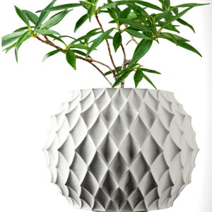 Könnte beinhalten: Ein weißer, kugelförmiger Pflanztopf mit einem strukturierten Rautenmuster. Er enthält eine kleine Pflanze mit grünen Blättern und braunen Stielen. Das Design des Topfes ist modern und geometrisch, geeignet für den Innen- oder Außenbereich. Der Topf hat einen Durchmesser von ca. 25 cm.