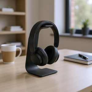 May include: A black over-ear headphone set rests on a matching black headphone stand. The stand has a curved design with a flat base. A notebook, pen, and coffee mug are visible in the background on a light-colored wooden surface.