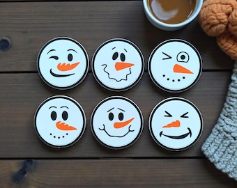 Funny Snowman Coaster Set with Holder – Christmas Coasters (6 Faces)