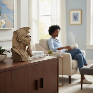 May include: A beige bust of an Egyptian pharaoh with a detailed headdress and facial features. The bust is displayed on a dark brown cabinet. The background shows a person sitting in a chair, reading a book, and a framed picture.