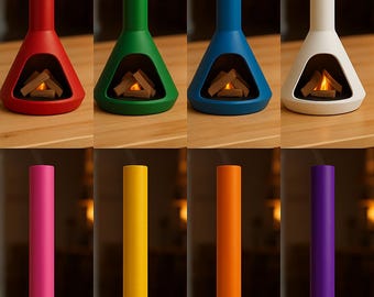 May include: Eight brightly coloured ceramic fireplaces, each with a tall chimney and a triangular base. Inside each base is a faux fire with wooden logs. The colours are red, green, blue, white, pink, yellow, orange, and purple.