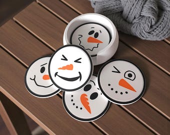 Funny Snowman Coaster Set with Holder – Christmas Coasters (6 Faces)