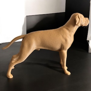 Op de afbeelding: Een bruin gekleurde hondensculptuur in een staande pose, met een licht gebogen staart. De hond heeft een gladde, gedetailleerde textuur en staat tegen een zwart-witte achtergrond. De sculptuur vangt de vorm van de hond.