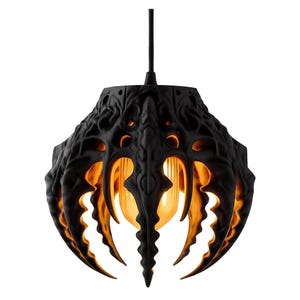 Könnte beinhalten: Eine schwarze Pendelleuchte mit einem aufwendigen, strukturierten Design. Die Leuchte hat eine einzigartige, organische Form mit mehreren gebogenen Öffnungen, die eine warme, leuchtende Glühbirne im Inneren freilegen. Die Leuchte hängt an einem schwarzen Kabel.