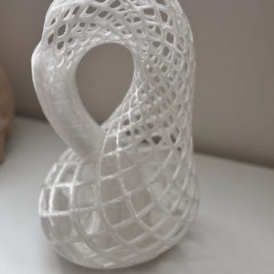 Puede incluir: Una escultura abstracta blanca con un diseño de celosía. La escultura tiene una forma curva y fluida con un centro abierto. El patrón de celosía crea una sensación de profundidad y dimensión. El objeto está sobre una superficie blanca.
