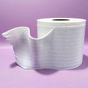 May include: A white toilet roll with a distinctive, wave-shaped design. The paper has a textured surface and a line of perforations. The design adds a decorative element to a common household item.