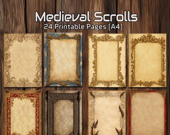 Papier do druku „Średniowieczne zwoje” – 24 strony A4 w stylu vintage, ozdobne obramowania, papier do antycznego pisania, strony z manuskryptami fantasy, RPG Craft