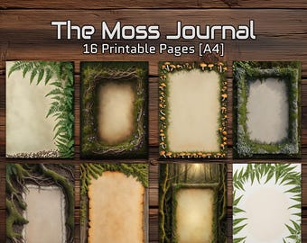 Dziennik mchu – 16 stron A4 do druku | Papier do scrapbookingu leśnego | Granice natury, paprocie, mech i grzyby