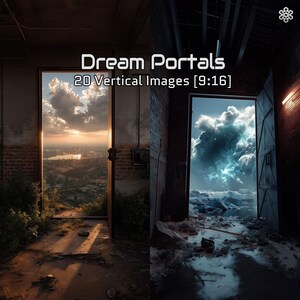 Puede incluir: Imagen titulada "Dream Portals" que muestra dos puertas abiertas. Una revela una puesta de sol sobre un paisaje urbano, la otra un paisaje tormentoso y helado. El texto indica 20 imágenes verticales en una proporción de 9:16.