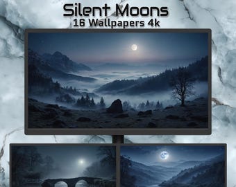 Ciche Księżyce – 16 Estetycznych Nocnych Tapet 4K | Tła Pulpitu z Księżycowym Krajobrazem | Marzycielski Błękitny Krajobraz | Pobieranie Cyfrowe