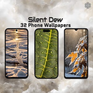 May include: Three smartphones displaying nature-themed wallpapers. The screens showcase a winter scene with ice, a close-up of a green leaf with water droplets, and autumn leaves with snow. The text "Silent Dew 32 Phone Wallpapers" is displayed.