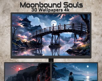 Moonbound Souls – 30 estetycznych tapet 4K | Japońska sztuka krajobrazowa | Księżycowa sceneria fantasy | Pakiet tapet na pulpit