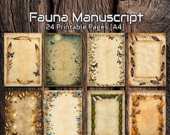 Fauna Manuscript – 24 Vintage Printable A4 Pages | Butterfly & Feather Borders, Antique Paper, Scrapbook Journal Stationery