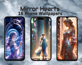 Mirror Hearts – 16 estetycznych tapet na telefon, elegancka sztuka fantasy dla dziewczyn, pastelowe tła portretowe, pakiet kobiecych tapet na telefon