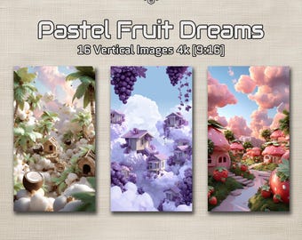 Pastel Fruit Dreams – 16 Cute Vertical Fruit Wallpapers 4K | Whimsical Fantasy Landscape Pack | Aesthetic 9:16 Digital Backgrounds