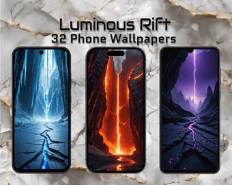 Luminous Rift – 32 epickie tapety na telefon | Pęknięcia w kanionie fantasy, lawa, lodowe błyskawice | 9:20 Tła mobilne | Estetyka pionowa
