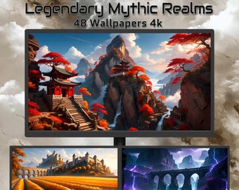 Legendarne Krainy Mityczne – 48 tapet fantasy 4K, epickie mityczne krajobrazy, kinowa sztuka cyfrowa, tła pulpitu