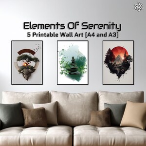 May include: Three framed wall art prints with black borders are displayed above a beige sofa. The prints feature serene landscape designs, including a bonsai tree, stacked stones, and a sunset over a mountain range. The text "Elements Of Serenity" is above the prints.