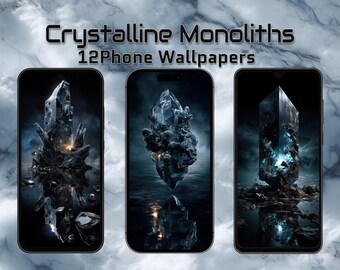 Kryształowe monolity – 12 tapet na telefon z ciemnym kryształem | Abstrakcyjne lodowe monumenty skalne | Pionowe tła 4K 9:20