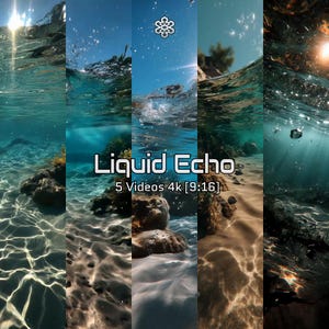May include: A vertical collage of underwater scenes with sunlight filtering through the water. The text "Liquid Echo" is displayed in white, along with "5 Videos 4k [9:16]" in a sans-serif font. The scenes include coral, sand, and water.