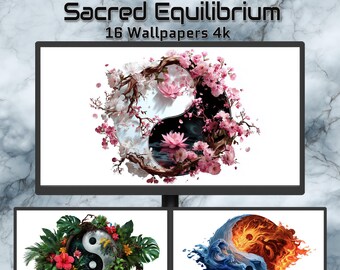 Tapety z motywem Świętej Równowagi | Sztuka symbolu Yin Yang | 16 cyfrowych teł 4K | Abstrakcyjna sztuka ścienna o duchowej naturze