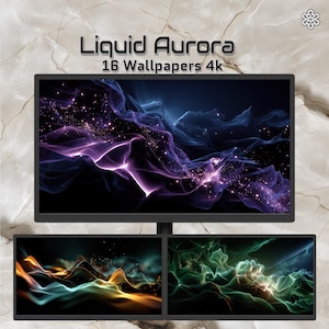 Peut inclure: Un écran noir affichant un fond d'écran d'art numérique intitulé "Liquid Aurora". Le fond d'écran présente des formes abstraites violettes et bleues tourbillonnantes avec des reflets scintillants. En dessous, deux écrans supplémentaires avec un art abstrait similaire en vert et orange.