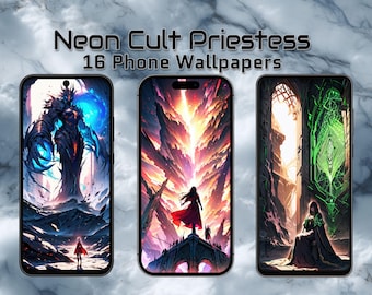 Neon Cult Priestess Phone Wallpaper 9:20 | Dark Fantasy Cyber Mystic Art | Gothic Anime Aesthetic Background