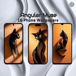 Może przedstawiać: Trzy smartfony wyświetlające czarne wzory kotów na pomarańczowym tle. Widoczny jest tekst "Angular Muse 16 Phone Wallpapers". Wzory kotów są geometryczne i artystyczne.