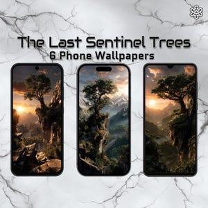 Peut inclure: Trois smartphones affichent un fond d'écran paysager avec un arbre sur une falaise et un coucher de soleil. Le texte "The Last Sentinel Trees 6 Phone Wallpapers" est affiché en haut, sur un fond en marbre.