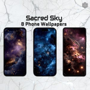May include: Three smartphones displaying celestial-themed wallpapers. The screens showcase vibrant nebulae in shades of purple, blue, and pink, with the text "Sacred Sky 8 Phone Wallpapers" above. The phones have black frames and are set against a marbled background.