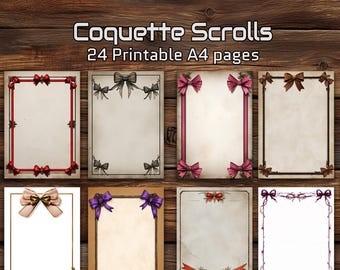 Zwoje Coquette – 24 strony A4 do druku z kokardkami | Papier firmowy w stylu vintage do dzienników, notatek, listów i scrapbookingu