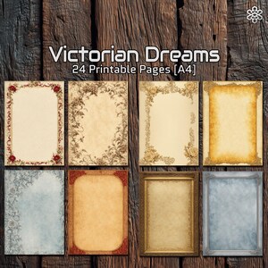 Peut inclure: Huit pages imprimables au format A4 avec des motifs de style victorien. Les pages présentent des bordures décoratives avec des motifs floraux et de volutes dans des couleurs telles que le rouge, l'or et le bleu. Le texte "Victorian Dreams" et "24 Printable Pages [A4]" est affiché en haut.