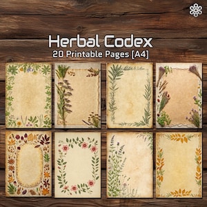 Herbal Codex Printable Pages A4 – Vintage Botanical Paper, Floral Journal Pages, Scrapbooking Templates, Herbarium Backgrounds