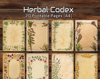 Herbal Codex Strony do druku A4 – Papier botaniczny w stylu vintage, Strony do dziennika z motywem kwiatowym, Szablony do scrapbookingu, Tła do zielnika