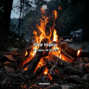 Könnte beinhalten: Ein Lagerfeuer mit hellen Flammen und Funken vor einem dunklen Hintergrund. Der Text "Fire Wake" ist zu sehen, zusammen mit "5 Videos 4k [9:16]" und dem Code "DPLE0003". Das Feuer besteht aus brennenden Holzscheiten und Glut.