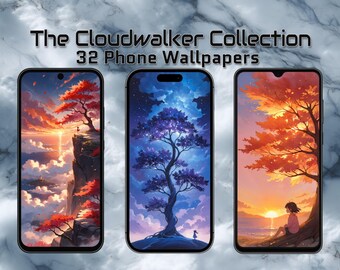 Kolekcja „Chmurowy Wędrowiec” – 32 tapety na telefon | Marzycielskie krajobrazy fantasy | Estetyczne tła na telefon