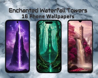 Enchanted Waterfall Towers Phone Wallpaper Pack – Fantasy Castle Backgrounds 9:20 – Magical Waterfall Art – Dreamy Aesthetic Lock Screen