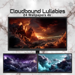May include: A multi-monitor display showcasing digital wallpapers. The top screen displays a fiery sunset scene with orange and brown clouds. Below, two additional screens show purple and teal cloudscapes. Text reads "Cloudbound Lullabies, 24 Wallpapers 4K."