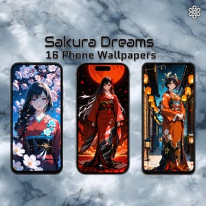 Peut inclure: Trois smartphones affichent des fonds d'écran de style anime sur le thème japonais. Le texte "Sakura Dreams 16 Phone Wallpapers" est affiché au-dessus des téléphones. Les fonds d'écran présentent des femmes en tenue traditionnelle, des fleurs de cerisier et une lune rouge.