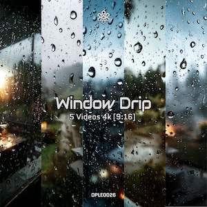 Puede incluir: Imagen compuesta por cinco paneles verticales que muestran diferentes vistas a través de ventanas cubiertas de lluvia. El texto "Window Drip" se muestra de forma destacada, junto con "5 Videos 4k [9:16]" y el código "DPLE0026".