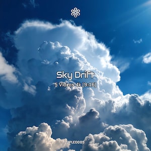 May include: A vibrant image of a bright blue sky filled with large, fluffy white clouds. The text "Sky Drift" is displayed in white, along with "5 Videos 4k [9:16]" and the code "OPLE0005". A snowflake graphic is at the top.