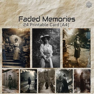 Puede incluir: Un conjunto de 24 tarjetas imprimibles tituladas "Faded Memories" que presentan fotografías vintage en blanco y negro de mujeres en varios entornos al aire libre. Las tarjetas tienen un tono sepia, evocando nostalgia.