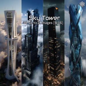Peut inclure: Image composite de quatre gratte-ciel futuristes. Le texte "Sky Tower 30 Vertical Images [9:16]" est visible. Les bâtiments présentent des styles architecturaux uniques, avec des éléments en verre et métalliques, sur fond de nuages et de paysages urbains.