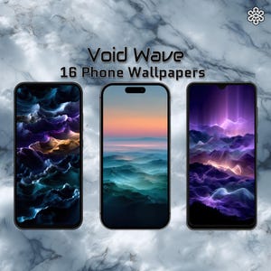 Peut inclure: Trois smartphones affichant des fonds d'écran de paysages abstraits. Les téléphones sont placés sur un fond à motif de marbre. Le texte "Void Wave 16 Phone Wallpapers" est affiché au-dessus des téléphones.