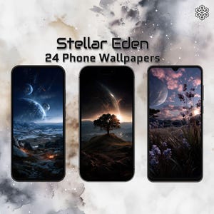 Peut inclure: Trois smartphones affichant des fonds d'écran sur le thème de l'espace. Les écrans présentent des corps célestes, des paysages et des effets atmosphériques. Le texte "Stellar Eden 24 Phone Wallpapers" est affiché au-dessus des téléphones.