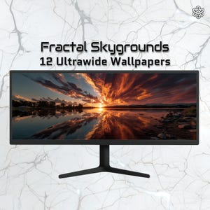 May include: A black ultrawide computer monitor showing a sunset over a lake, with the text "Fractal Skygrounds 12 Ultrawide Wallpapers" above. The monitor has a modern design with a black stand.