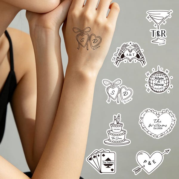Custom Wedding Temporary Tattoos, Whimsical Bride Groom Designs, Custom Party Favors
