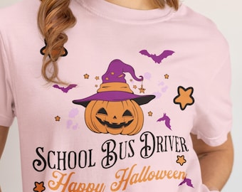 Camiseta de algodón para conductor de autobús con temática de Halloween, camiseta Bella Canvas con estampado de calabaza.