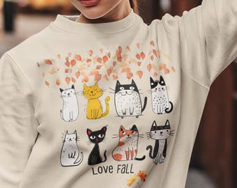 Love Fall Cat Sweatshirt, Kawaii Autumn Kitten Crewneck, Funny Cat Mom Gift, Aesthetic Fall Leaves Sweater, Cute Teacher Halloween Top