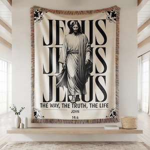 Manta cristã com Jesus em João 14:6, tapeçaria de algodão com versículo bíblico.